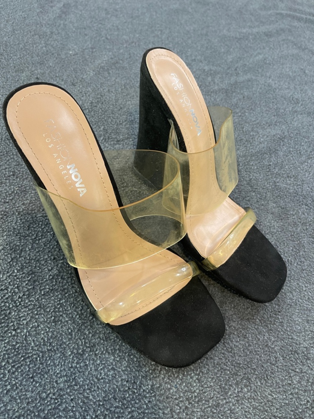 Fashion Nova Black Suede Mule Heels with Yellow Clear Straps